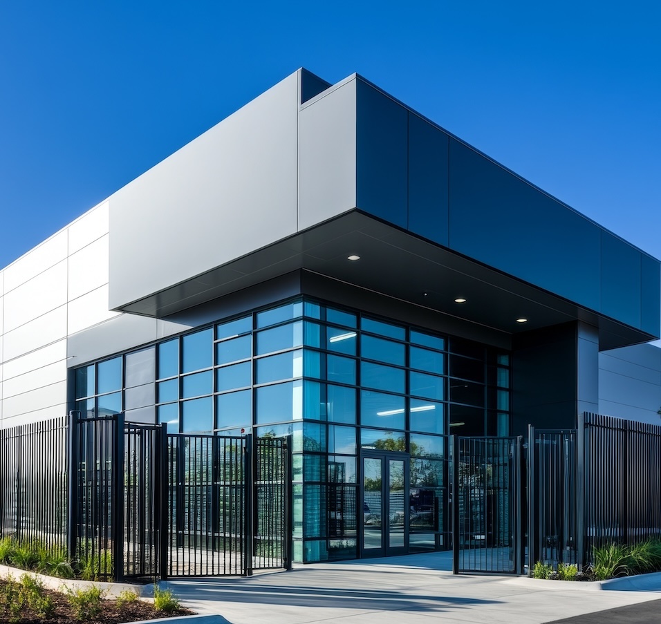 Moderner Unternehmenseingang mit Schutzzaun Moderner Unternehmenseingang mit Schutzzaun
